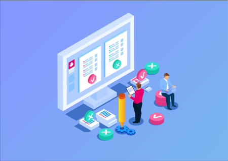 ilustração de dois homens em frente a um computador com ícones de certo e errado na imagem