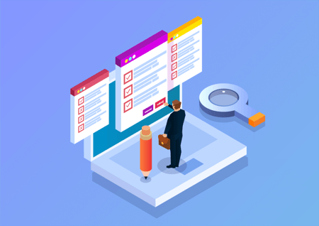 ilustração de um homem sobre um notebook com três navegadores abertos fazendo leitura das informações