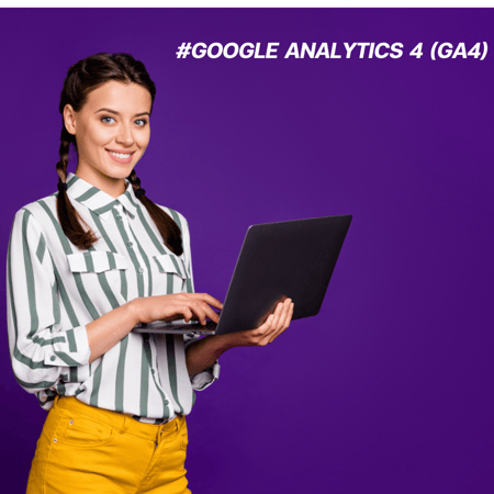 mulher com mensagem de Google Analytics 4 ao fundo