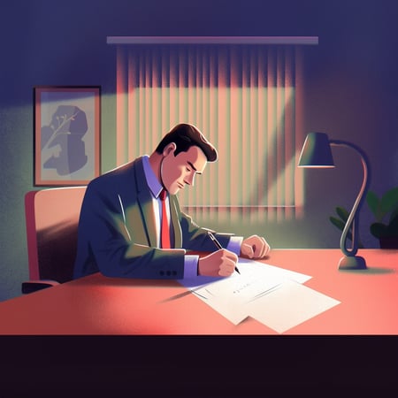 Desenho de um homem em um escritório assinando um documento