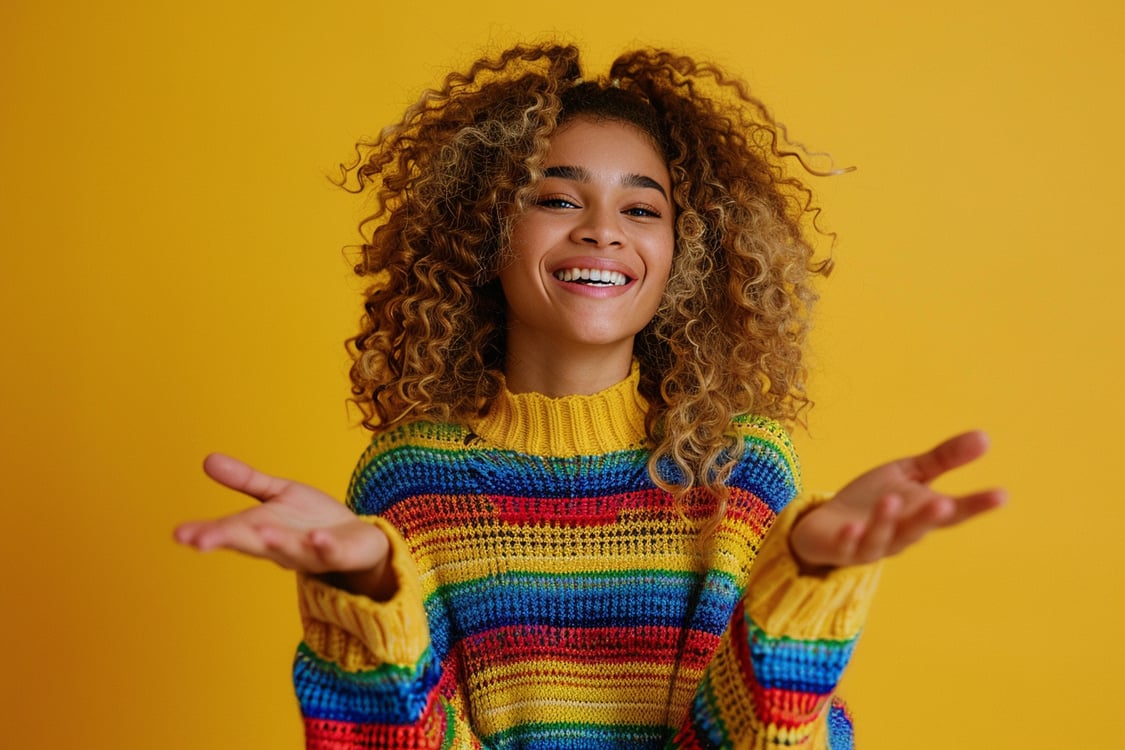 menina feliz de blusa colorida