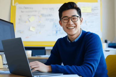 Homem sorridente usando notebook