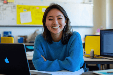 mulher sorrindo no escritório