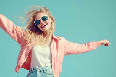 menina com óculos de sol e jaqueta rosa