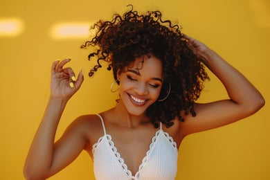 menina alegre com cabelo voando