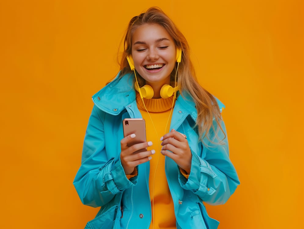 loira feliz vendo celular