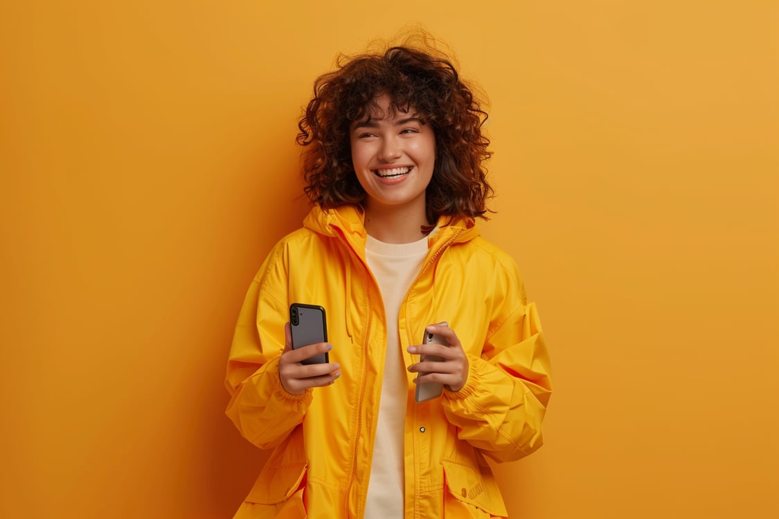 mulher sorrindo segurando celular