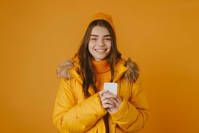 menina com jaqueta amarela e celular branco