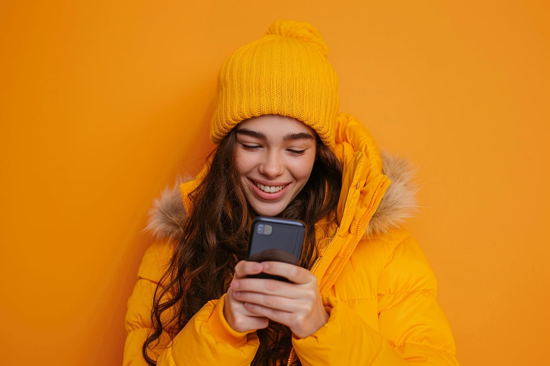 menina sorrindo e mexendo no celular