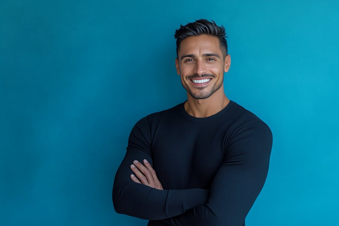 homem vestido de preto sorrindo