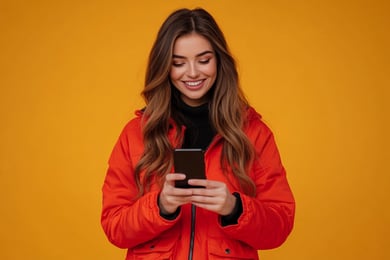 menina alegre com celular na mão