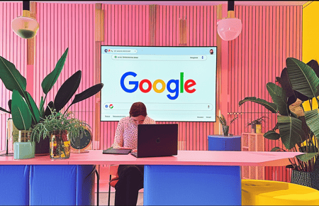 mulher na mesa do escritório com a tela do Google