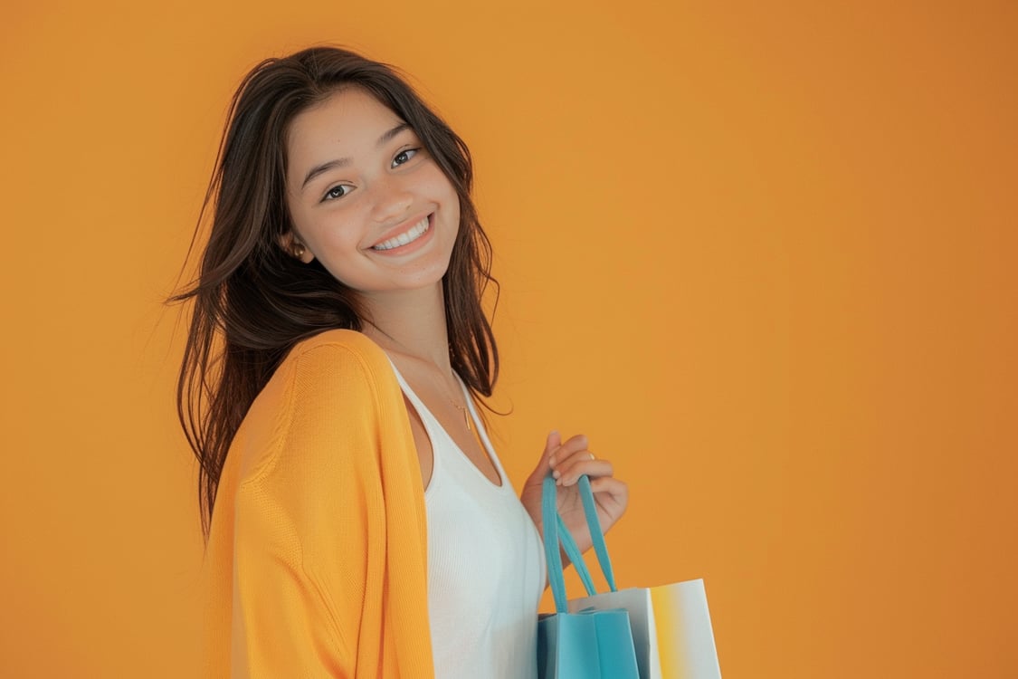 menina com sacolas de shopping na mão