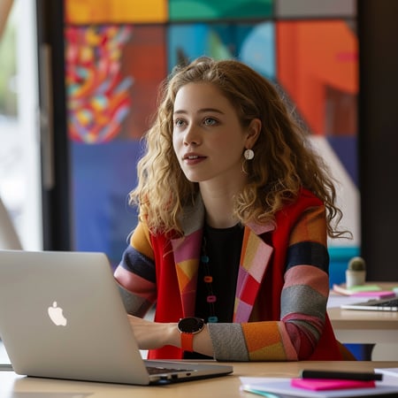 mulher com jaqueta colorida no escritório