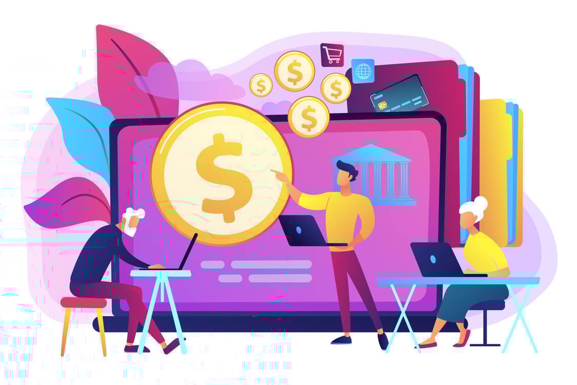 pessoas ao redor da moeda e da tela de computador