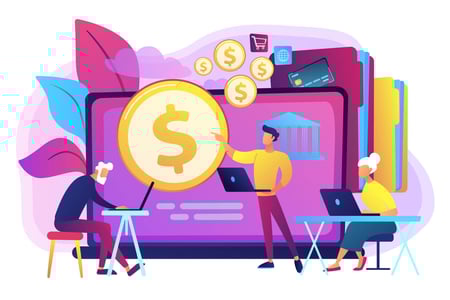 moedas na tela do computador e senhores no notebook
