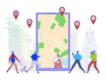Ilustração de um celular com mapa na tela do aparelho e pessoas em volta andando. 