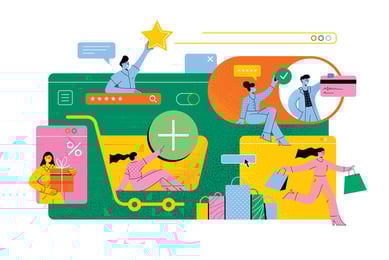 Ilustração colorida com desenho de várias pessoas fazendo compras