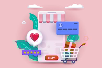 Ilustração de uma loja online com carrinho de compras e estrelas